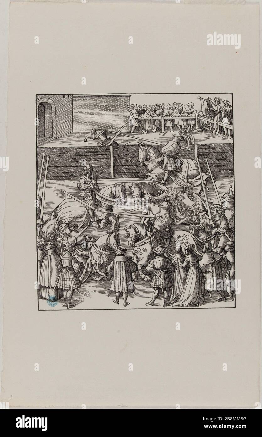 Der Weisse Koenig: Tournament with several jouteurs (Dornik Ege-29) Hans Burgkmair, dit l'Ancien (1473-1531). Der Weisse Koenig : Tournoi avec plusieurs jouteurs (Dornik-Ege 29). Xylographie, 1512-1519. Musée des Beaux-Arts de la Ville de Paris, Petit Palais. Stock Photo