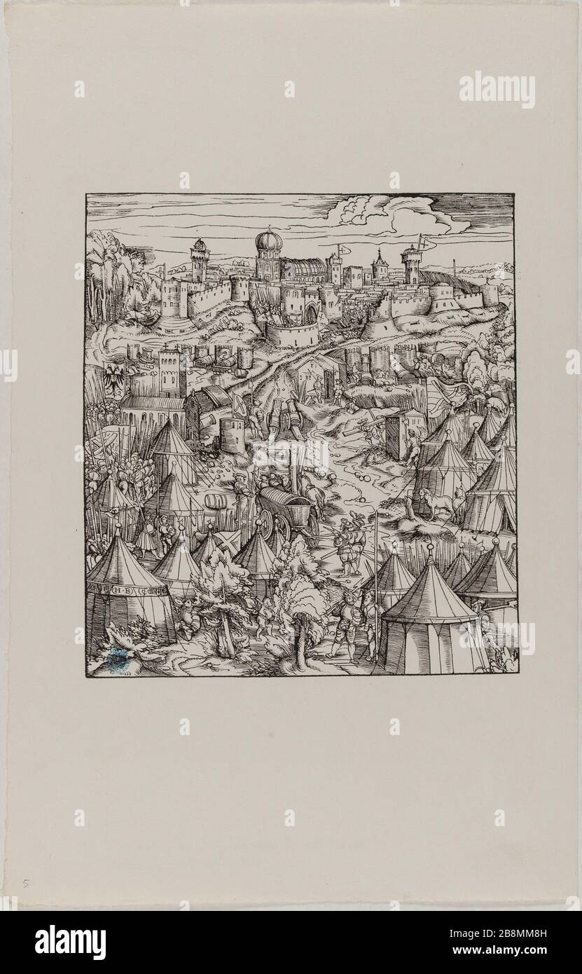 Der Weisse Koenig: The siege of a fortress (Dornik-Eger 29) Hans Burgkmair, dit l'Ancien (1473-1531). Der Weisse Koenig : Le siège d'une place forte (Dornik-Eger 29). Xylographie, 1512-1519. Musée des Beaux-Arts de la Ville de Paris, Petit Palais. Stock Photo