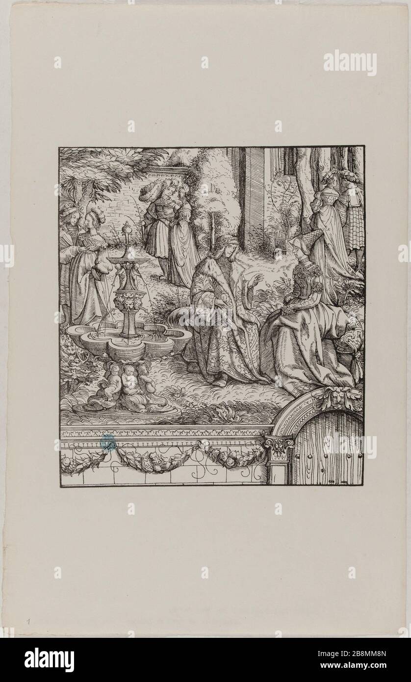 Der Weisse Koenig: Maximilian and Mary of Burgundy sitting near a fountain (Dornik Ege-29) Hans Burgkmair, dit l'Ancien (1473-1531). Der Weisse Koenig : Maximilien et Marie de Bourgogne assis près d'une fontaine (Dornik-Ege 29). Xylographie, 1512-1519. Musée des Beaux-Arts de la Ville de Paris, Petit Palais. Stock Photo