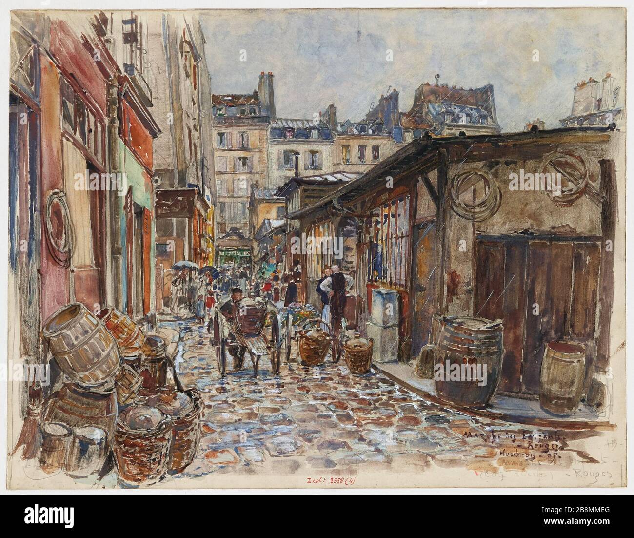 The Marché des Enfants Rouges, west side, in the rain, in the 3rd arrondissement 1907. (dummy Title) | Marché des Enfants Rouges, West side. 07 (registered title (letter)) Stock Photo