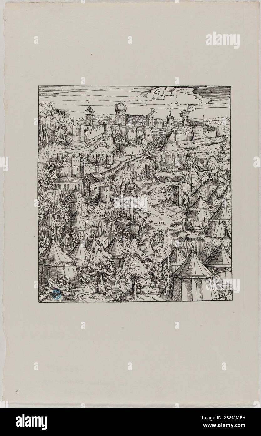 Der Weisse Koenig: The siege of a fortress (Dornik-Eger 29) Hans Burgkmair, dit l'Ancien (1473-1531). Der Weisse Koenig : Le siège d'une place forte (Dornik-Eger 29). Xylographie, 1512-1519. Musée des Beaux-Arts de la Ville de Paris, Petit Palais. Stock Photo