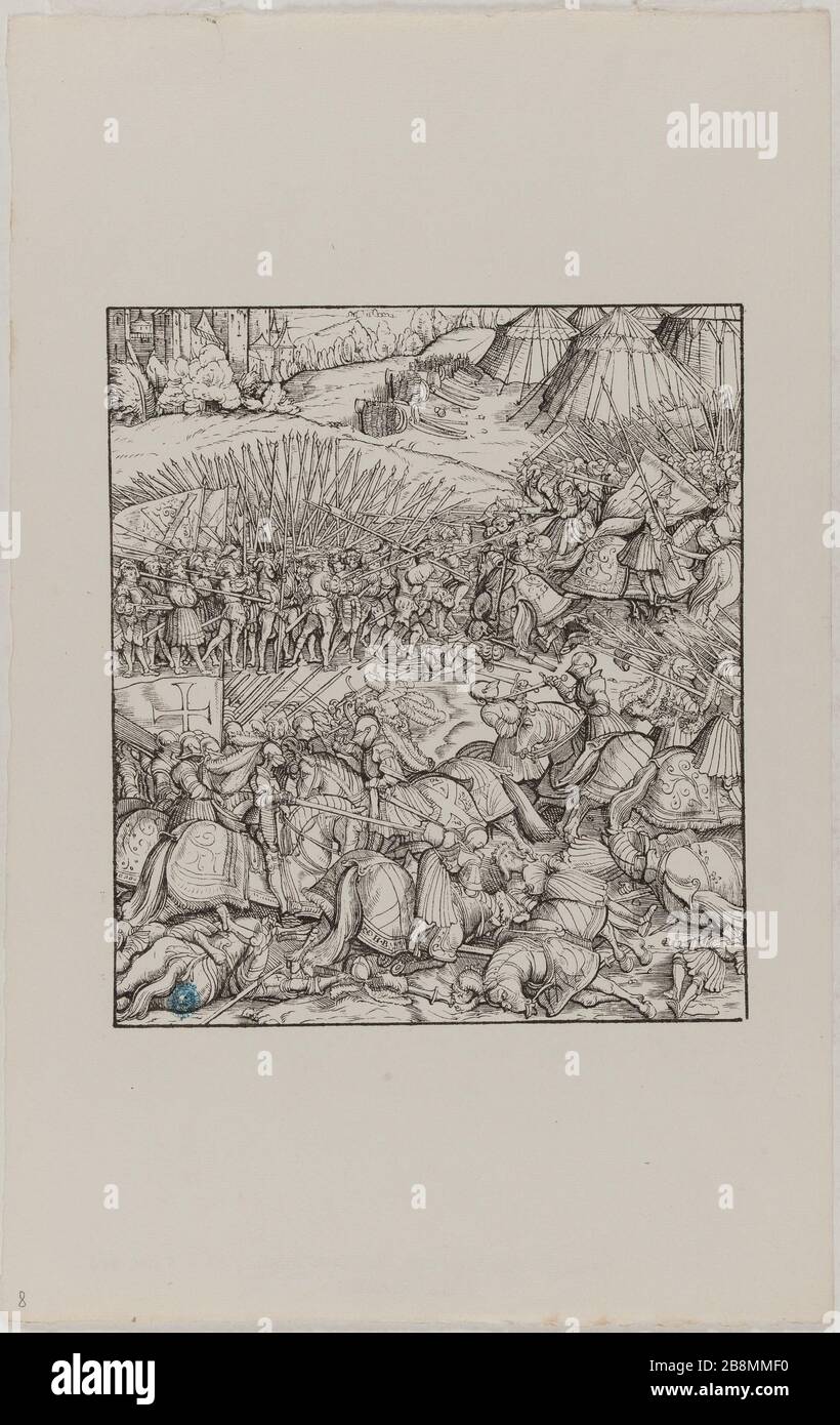 Der Weisse Koenig: A battle: Eighth edition of the following eight boards published in 1869 (Dornik-Eger 29) Hans Burgkmair, dit l'Ancien (1473-1531). Der Weisse Koenig : Une bataille : Huitième numéro de la suite de huit planches éditée en 1869 (Dornik-Eger 29). Xylographie, 1512-1519. Musée des Beaux-Arts de la Ville de Paris, Petit Palais. Stock Photo