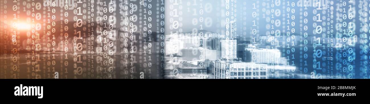 Binary computer code virtual city skyline. Matrix Mixed Media Background. Stock Photo