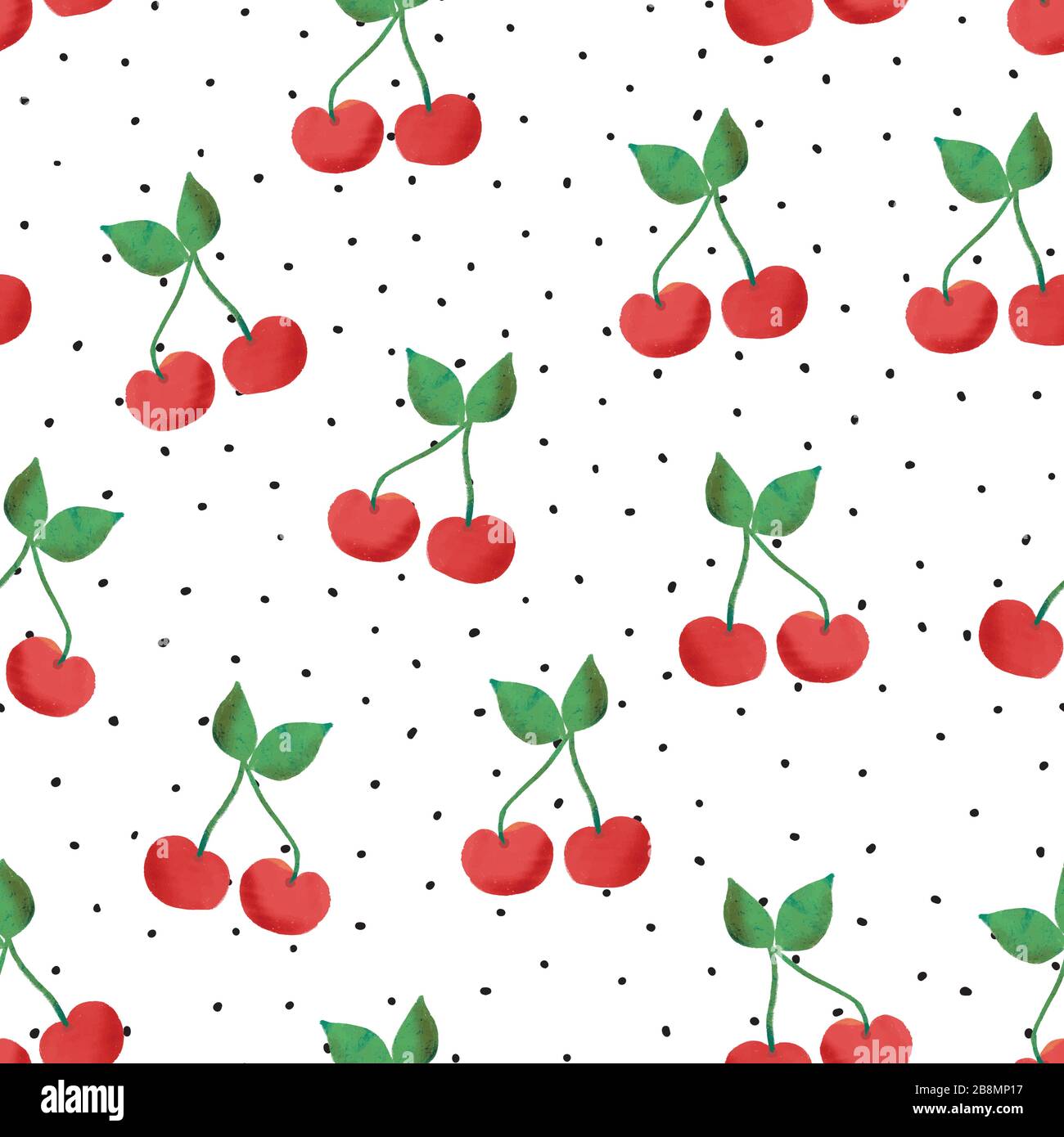 Cherry seamless vector pattern. Hand drawn cherries on dotted black and