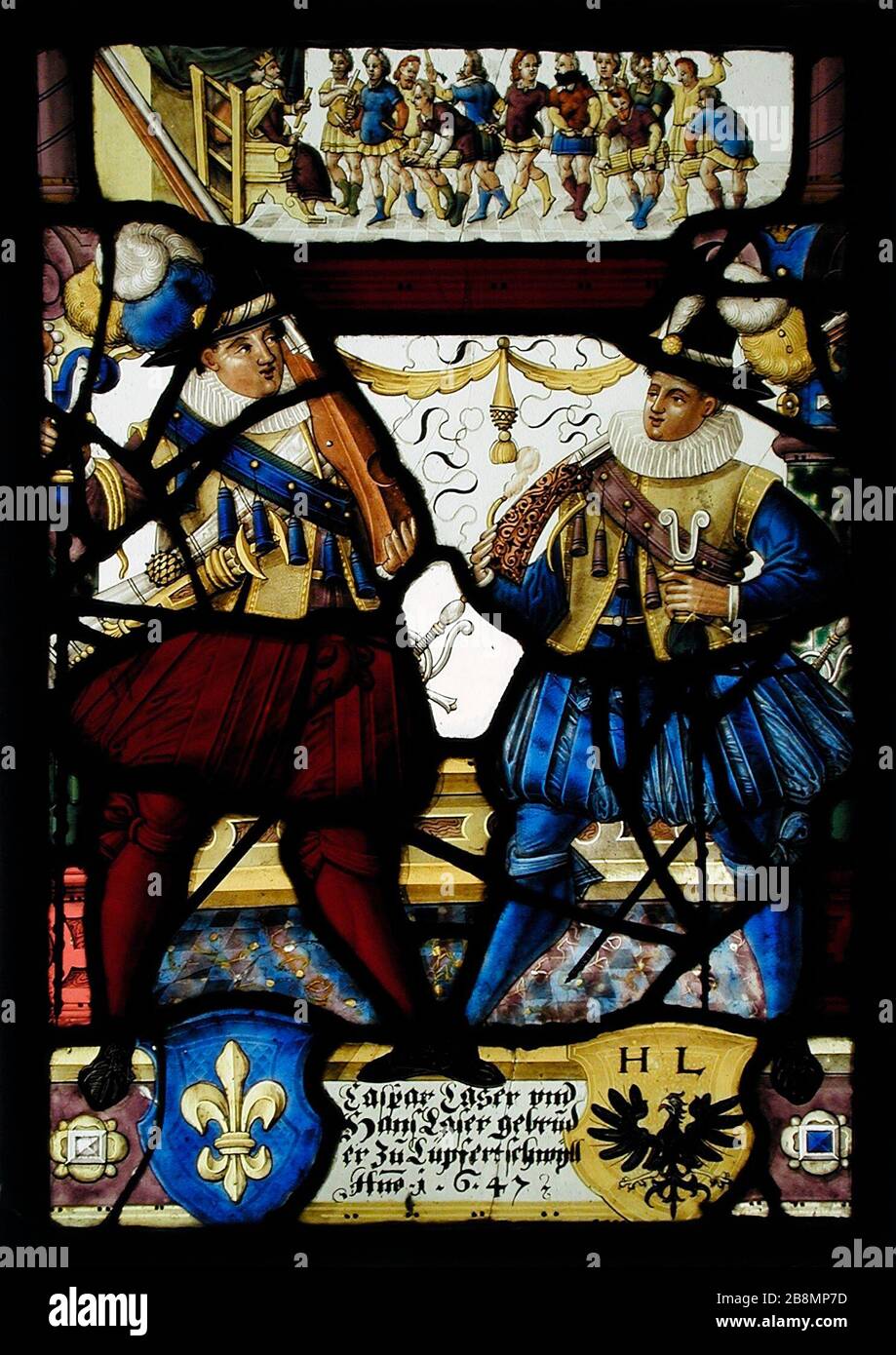 Heraldic Panel: Arms of the Brothers Caspar and Hans Laser; English:  Switzerland, 1647 Architecture; Architectural Elements Pot metal; white  glass with silver stain and enamel 13 1/8 x 9 3/8 in. (33.34