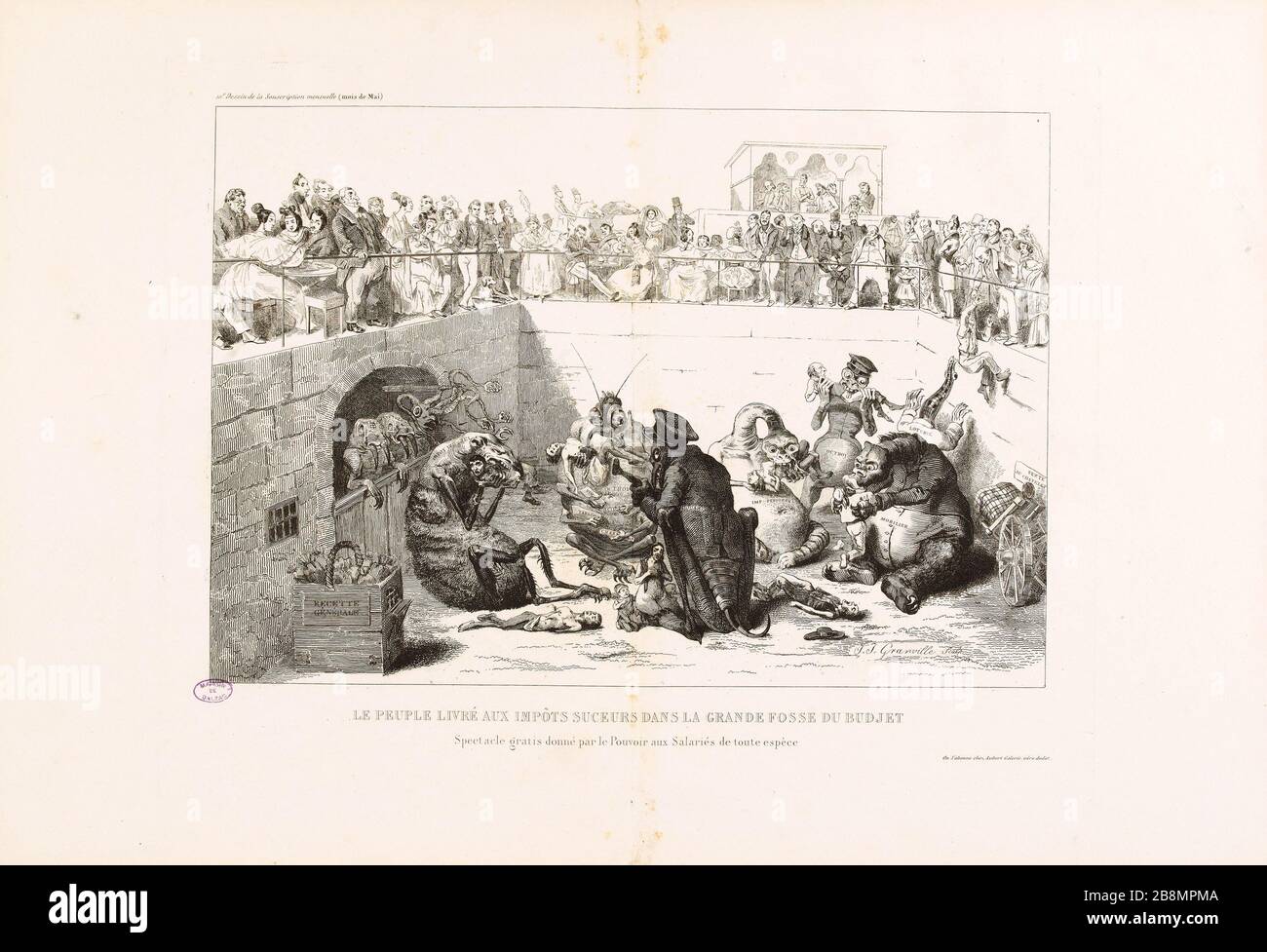 The people comes to taxes in the large pit budjet Jean Ignace Isidore Gérard Grandville (1803-1847). Caricature de presse. 'Le peuple livré aux impôts dans la grande fosse du budjet'. Planche parue dans 'La Caricature' du 20 juin 1833. Lithographie. Paris, Maison de Balzac. Stock Photo