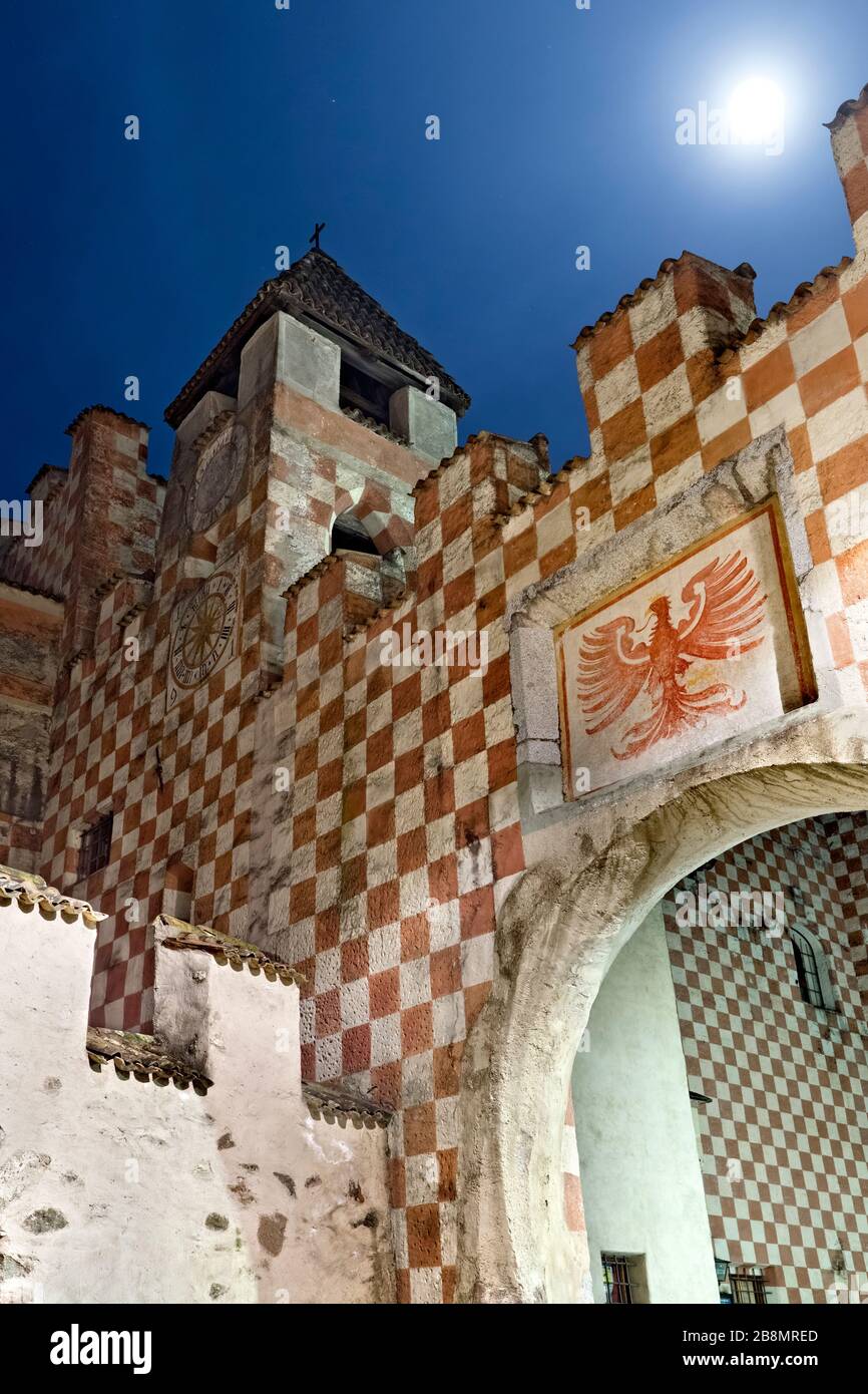 Friedburg Castle in Colma: the coat of arms of the Tyrolean eagle. Ponte Gardena, Bolzano province, Trentino Alto-Adige, Italy, Europe. Stock Photo