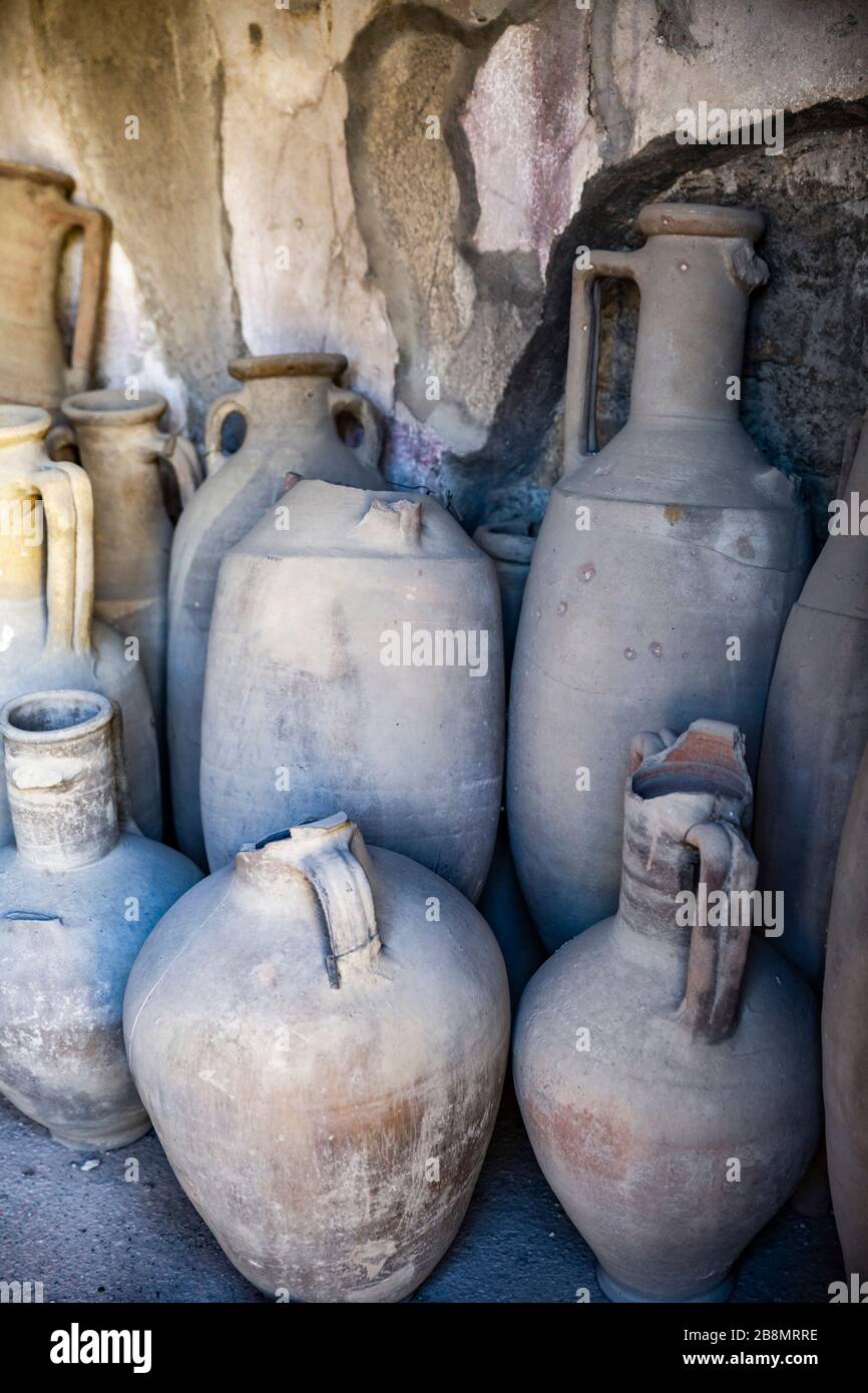 Collection of ancient Amphores recovered from the ruins of Herculaneum, Campania, Italy. Stock Photo