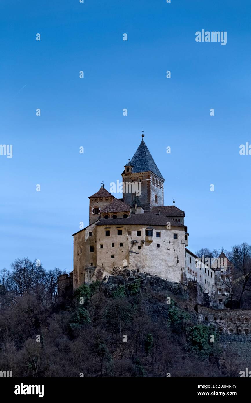 Trostburg Castle in the middle of the night. Ponte Gardena, Isarco Valley, Bolzano province, Trentino Alto-Adige, Italy, Europe. Stock Photo