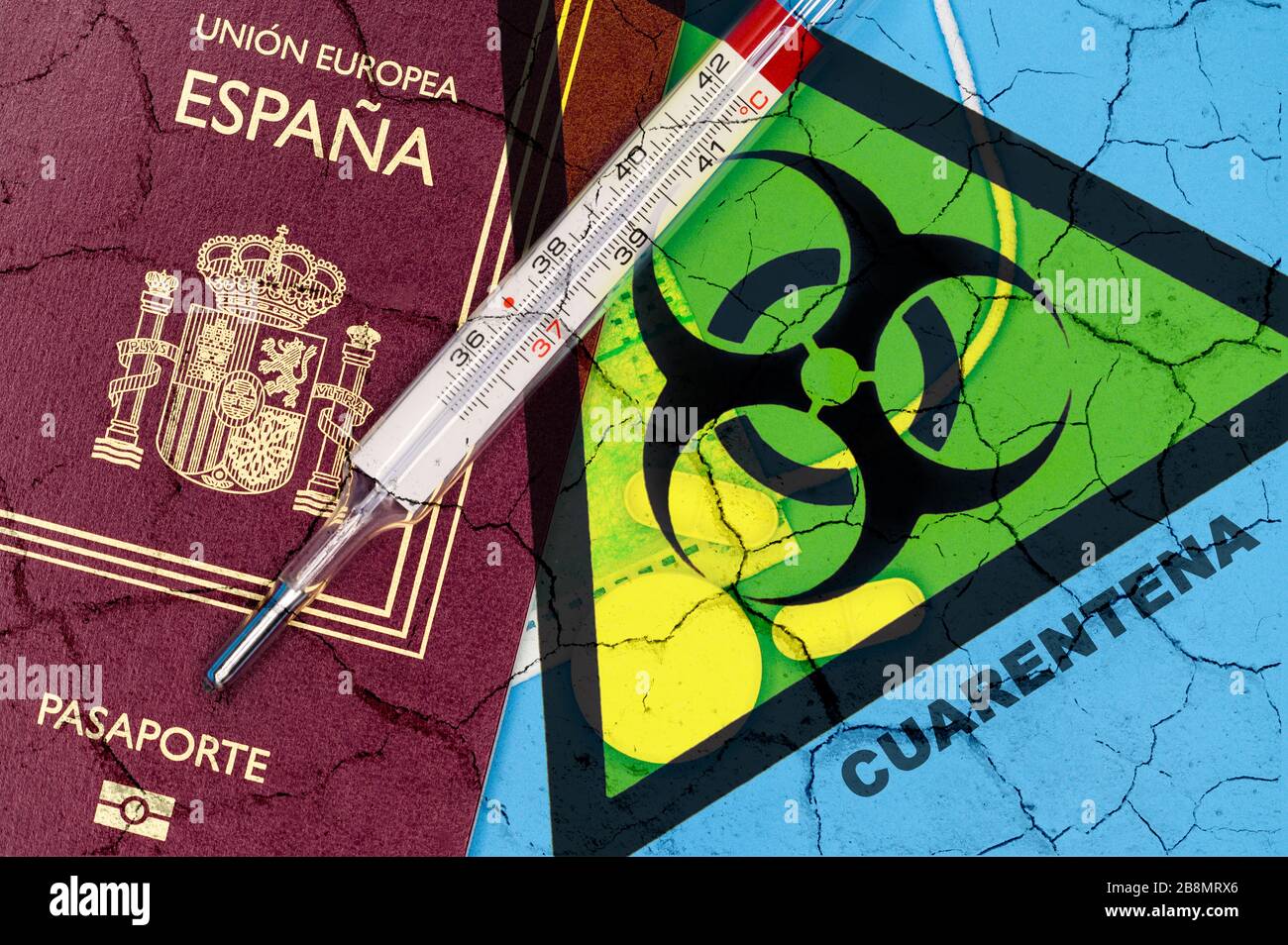 Spain travel restriction. Cancel the planned trip to Spain or restriction to Spanish travelers concept due to the spread of coronavirus infection. Quarantine for the covid-19 pandemic . Stock Photo