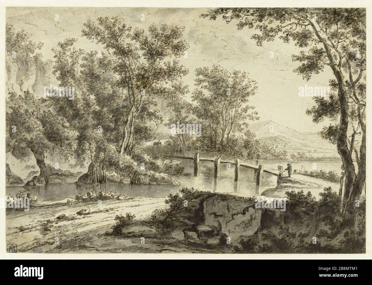 The Wooden bridge (Lugt 14) Jan Both (1610-1652). Le Pont de bois (Lugt 14). Plume et encre brune, lavis gris. 1640-1650. Musée des Beaux-Arts de la Ville de Paris, Petit Palais. Stock Photo