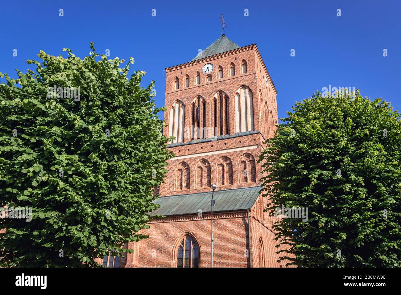 Tower of Our Lady of Perpetual Help church in Swidwin, capital of Swidwin County in West Pomeranian Voivodeship of northwestern Poland Stock Photo