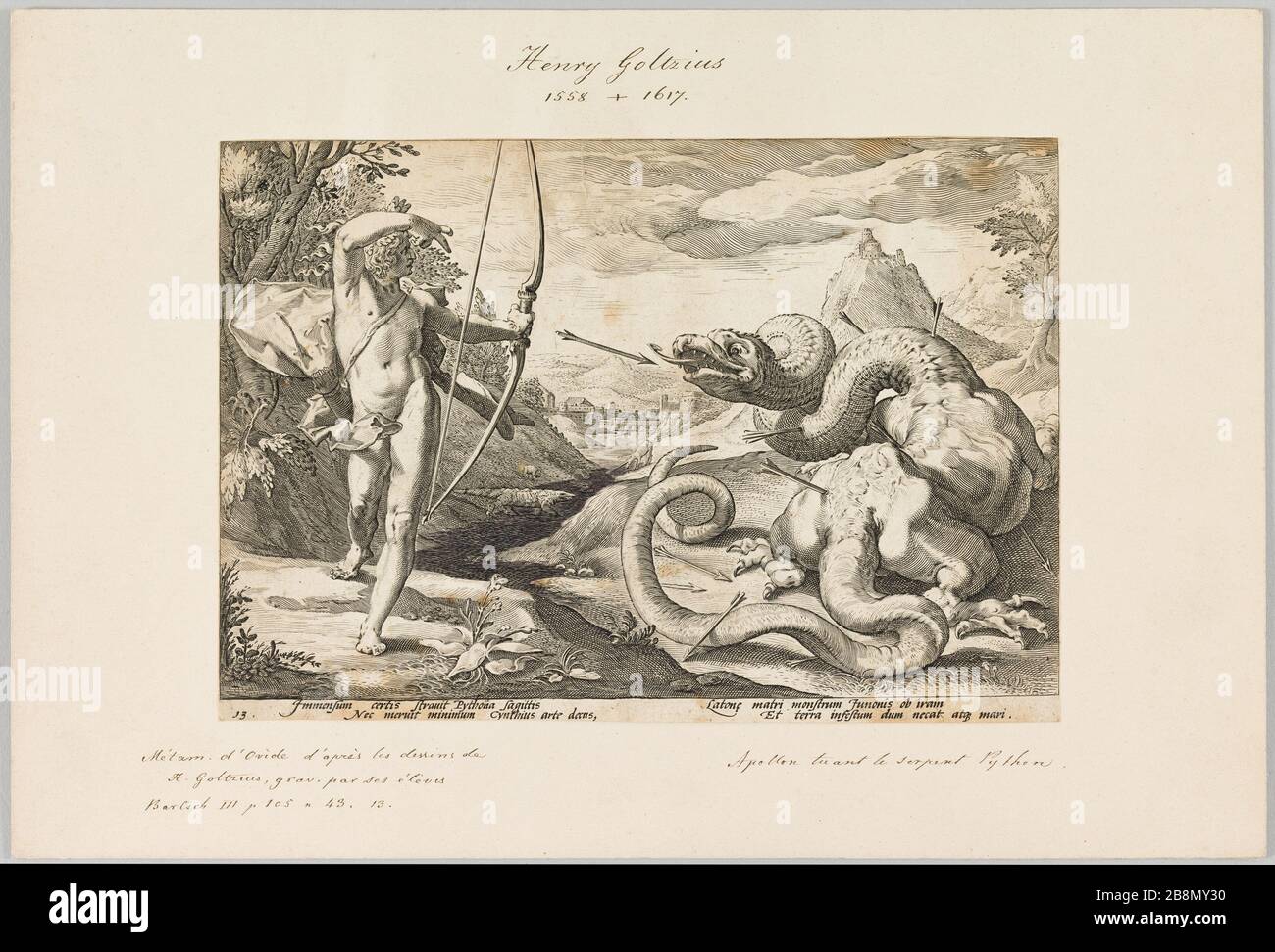 Apollo killing the Python Anonyme. Apollon tuant le serpent Python. Gravure. Paris, musée de la Vie romantique. Stock Photo