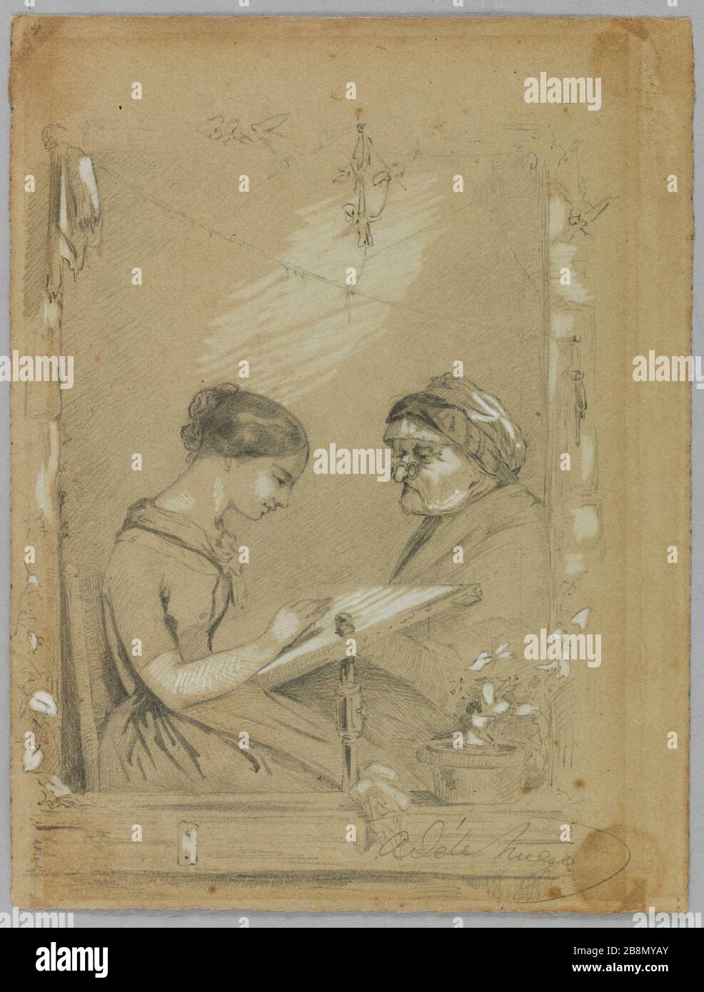 Girl embroidering with an old woman Adèle Hugo (née Foucher). Jeune fille brodant auprès d'une vieille femme. Jeune fille brodant auprès d'une vieille femme. Dessin avec rehauts de gouache blanche. Stock Photo