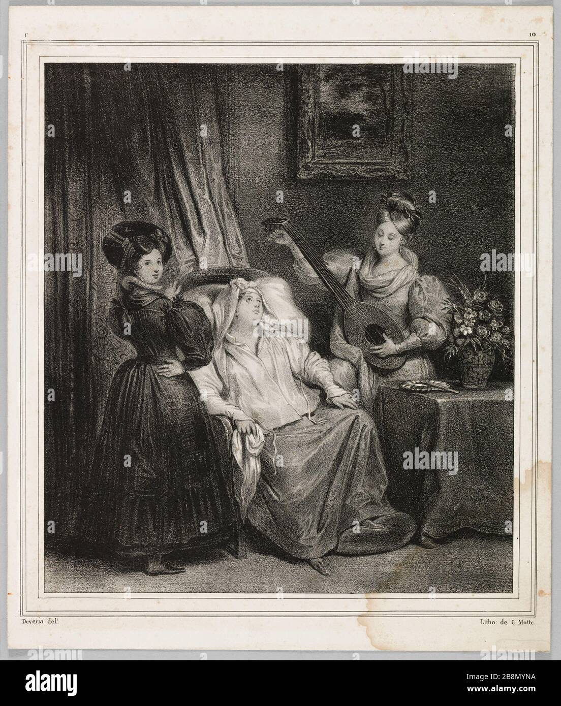 Lithographie Originale Achille Devéria – “Le Coucher”, Scène De Genre, XIXe, Signée