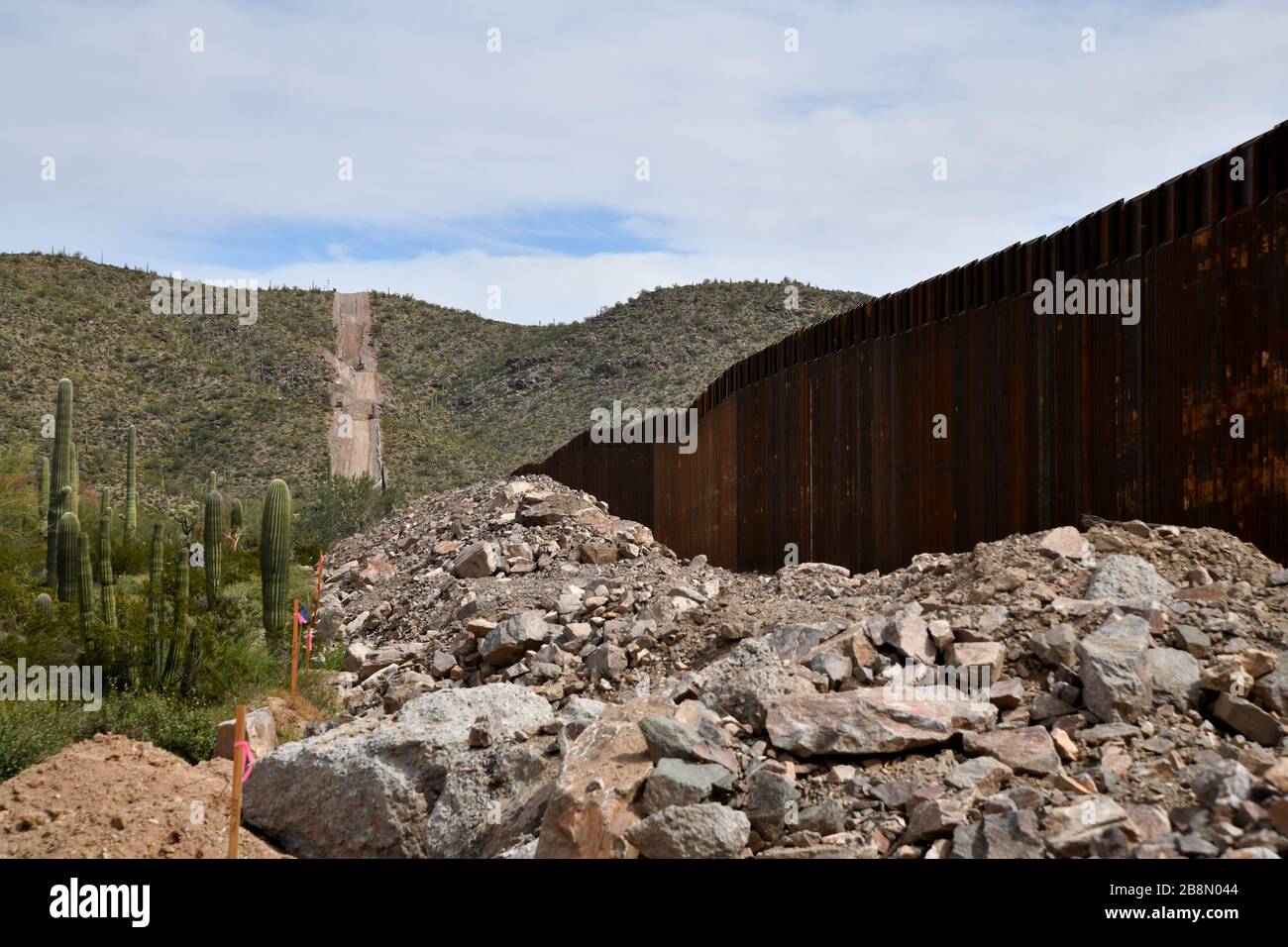 Construction of a metal border wall in Organ Pipe Cactus National Monument, Sonoran Desert, in