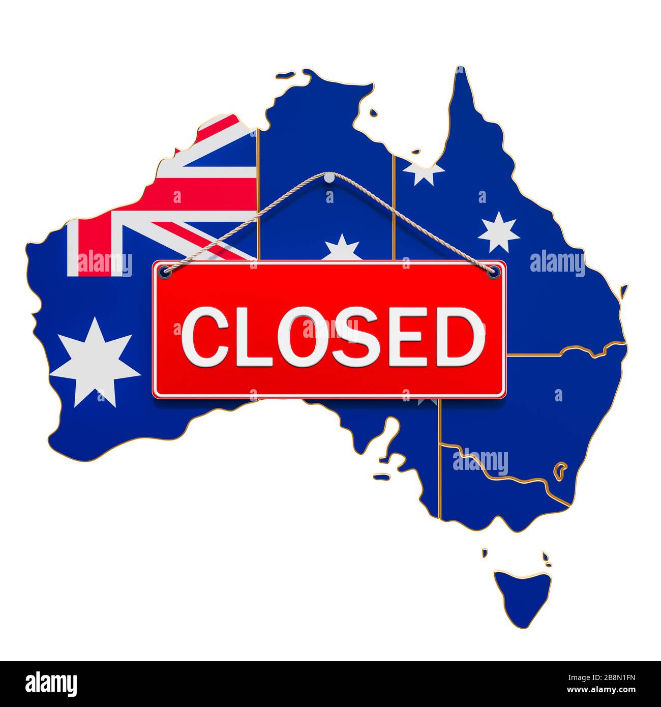 Australian map with closed hanging sign, quarantine concept. 3D