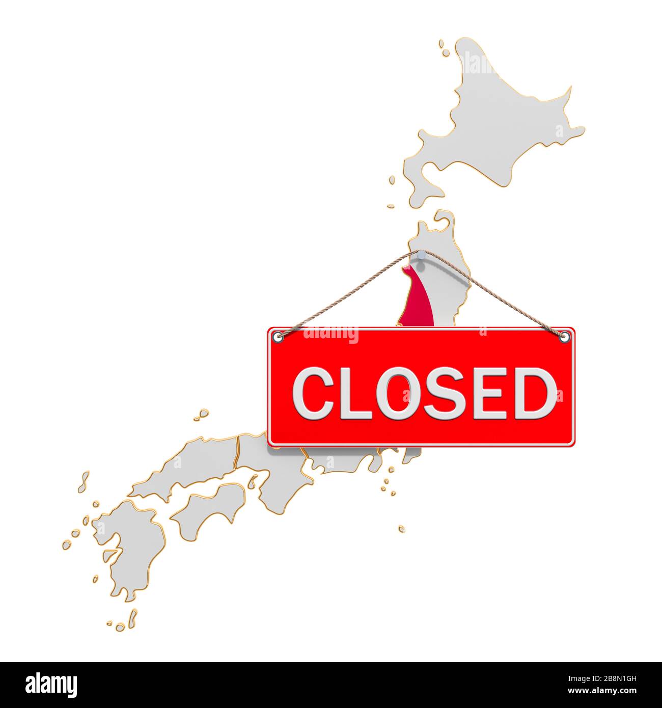 Japanese map with closed hanging sign, quarantine concept. 3D rendering ...
