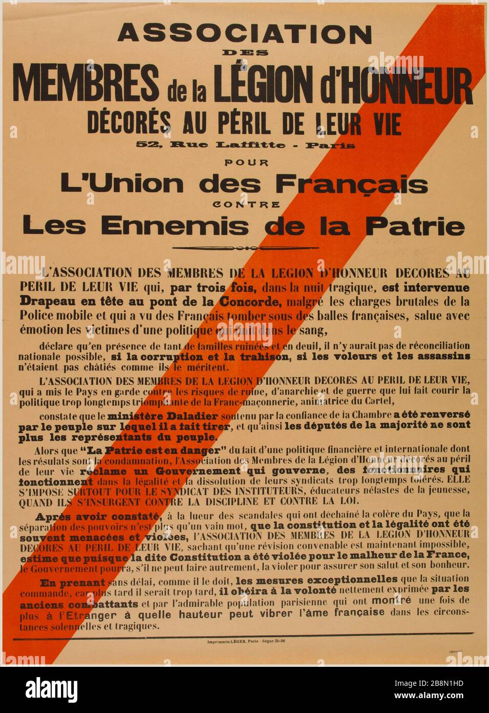 ASSOCIATION MEMBERS of LEGION OF HONOR DECORATED IN DANGER OF LIFE, 52, Rue  Lafitte - Paris, The Union of French FOR AGAINST Enemies of the Fatherland  Affiche de propagande. \, image size:955x1390