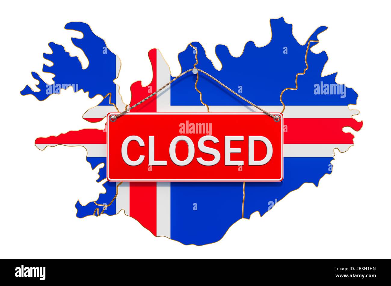 Icelandic map with closed hanging sign, quarantine concept. 3D