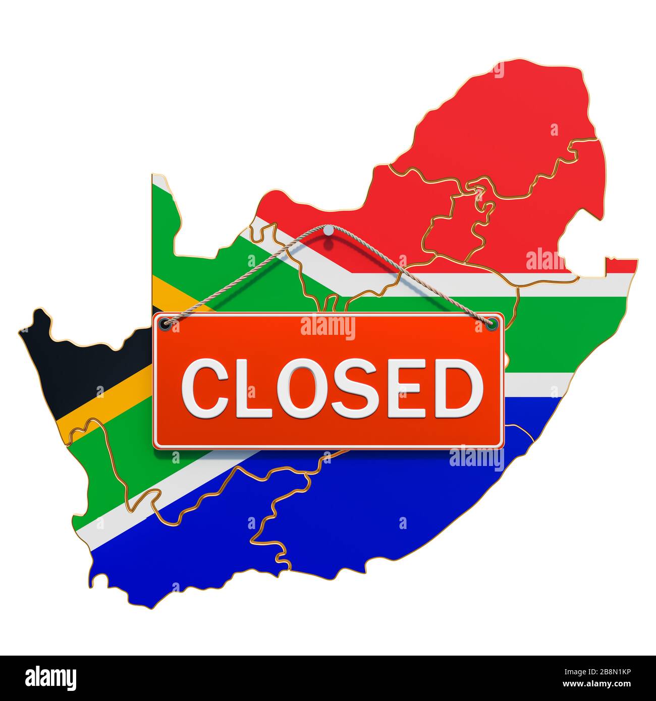 South African map with closed hanging sign, quarantine concept. 3D