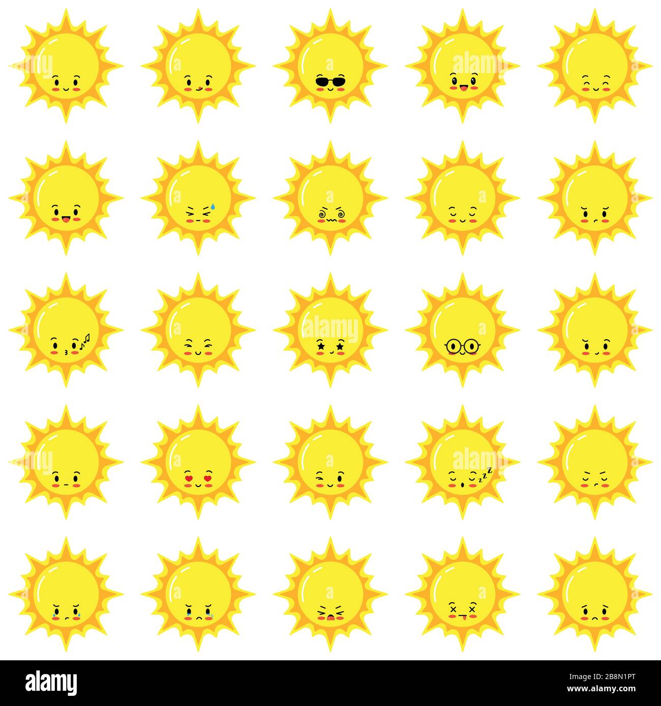 Sun emoji vector set, weather emoticons. Stock Vector