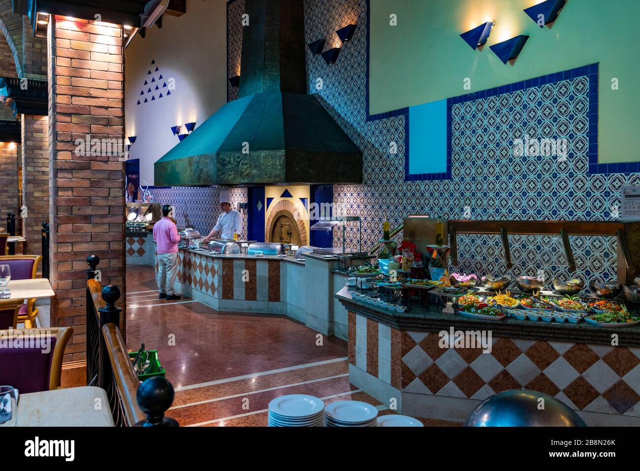 The dining room and buffet at the Bayview Taba Heights Resort along the Red Sea, Egypt, Middle ...