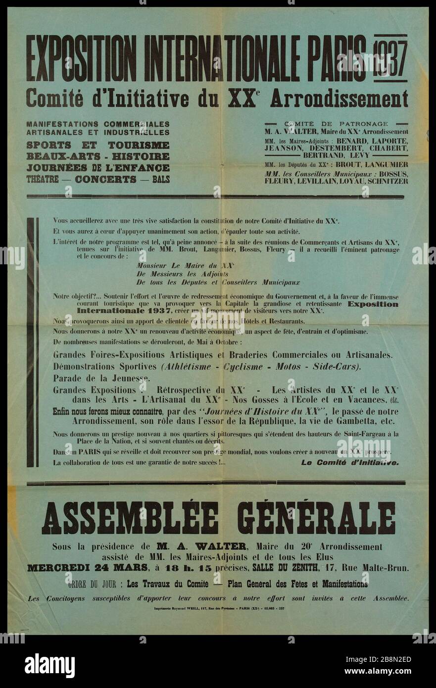 INTERNATIONAL EXHIBITION PARIS 1937 of XX District Initiative Committee Affiche culturelle. 'Exposition internationale de Paris 1937. Comité d'Initiative du XXème arrondissement'. Typographie sur papier bleu. 1937. Imprimerie Raymond Weill. Paris, musée Carnavalet . Stock Photo