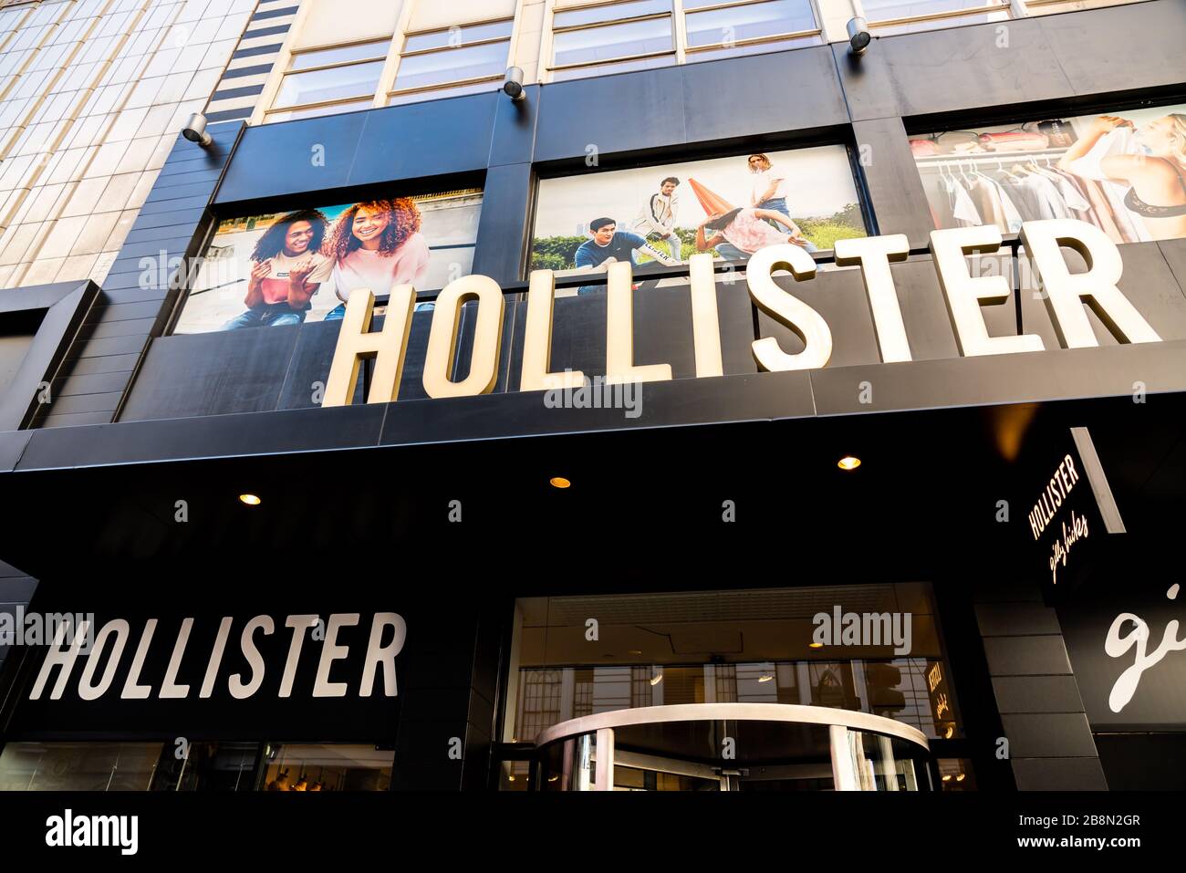 New York City, USA. 20th Feb, 2020. Hollister store logo seen in New