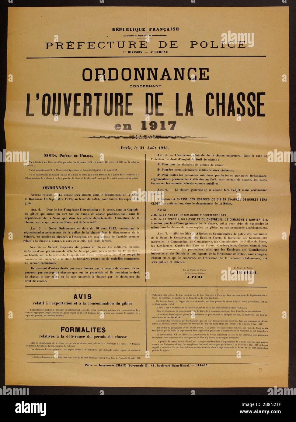 FRENCH REPUBLIC, Liberty - Equality - Fraternity prefecture POLICE DIVISION  1st - 4th OFFICE ORDINANCE OF THE OPENING OF THE HUNTING 1917 Préfecture de  police, 1ère division - 4ème bureau. Affiche d'information. "