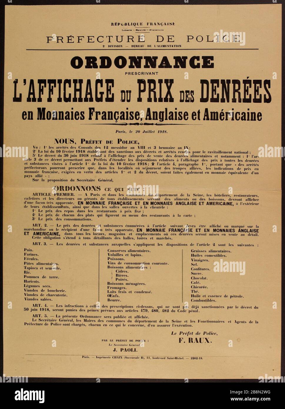 FRENCH REPUBLIC, Freedom - Egalité- Brotherhood prefecture POLICE DIVISION  2 - OFFICE SUPPLY, ORDER REQUIRING THE DISPLAY OF THE PRICE OF FOOD coins  French, English and American Affiche d'information. "Ordonnance prescrivant  l'affichage