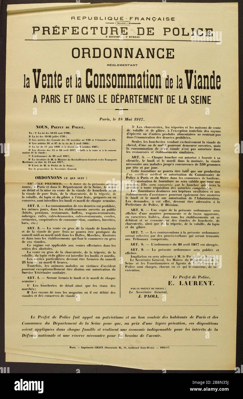 FRENCH REPUBLIC, Liberty - Equality - Fraternity prefecture POLICE DIVISION  2nd - 3rd OFFICE ORDINANCE REGULATING the Sale and Consumption of Meat IN  PARIS AND THE DEPARTMENT OF THE SEINE, Paris, 18