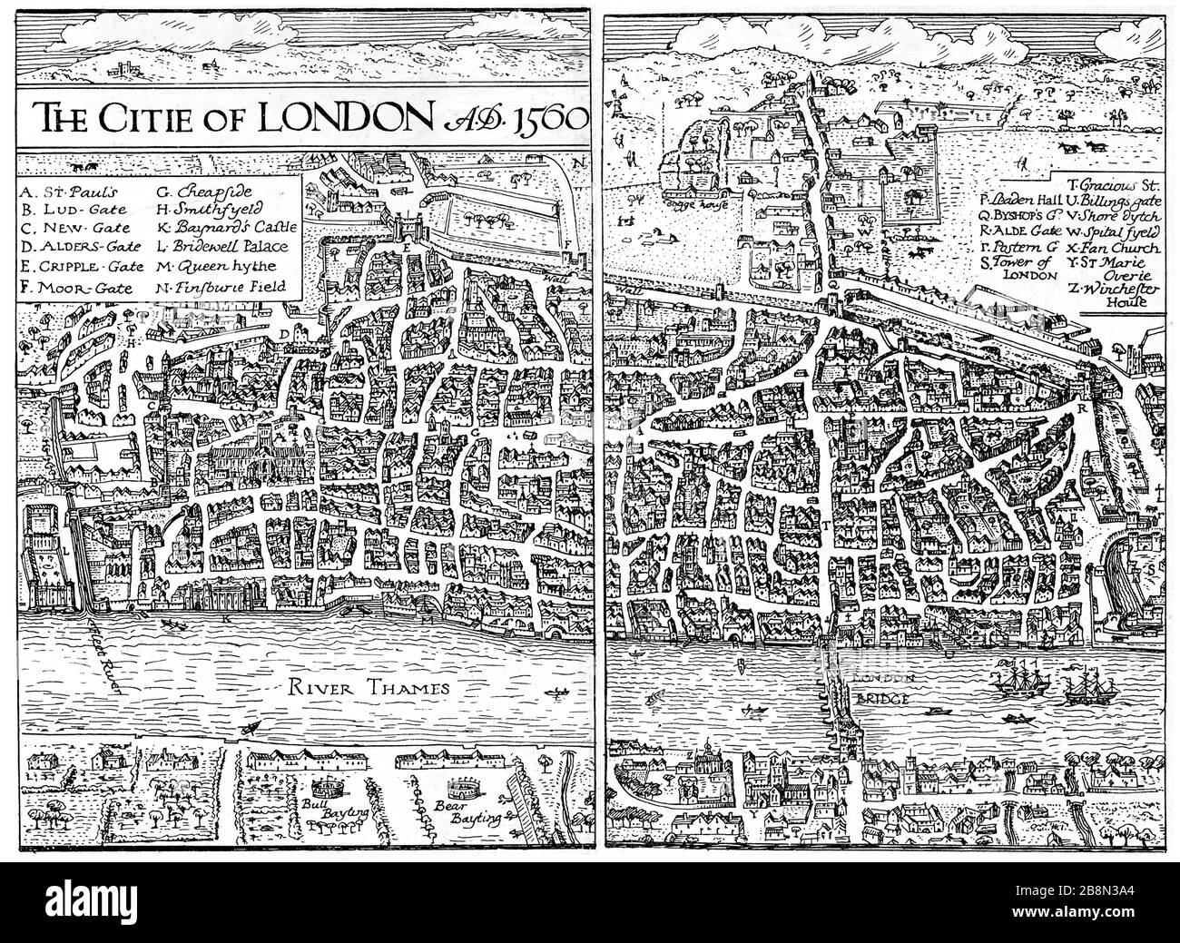 The City of London, 1560. A map of Elizabethan London. Stock Photo