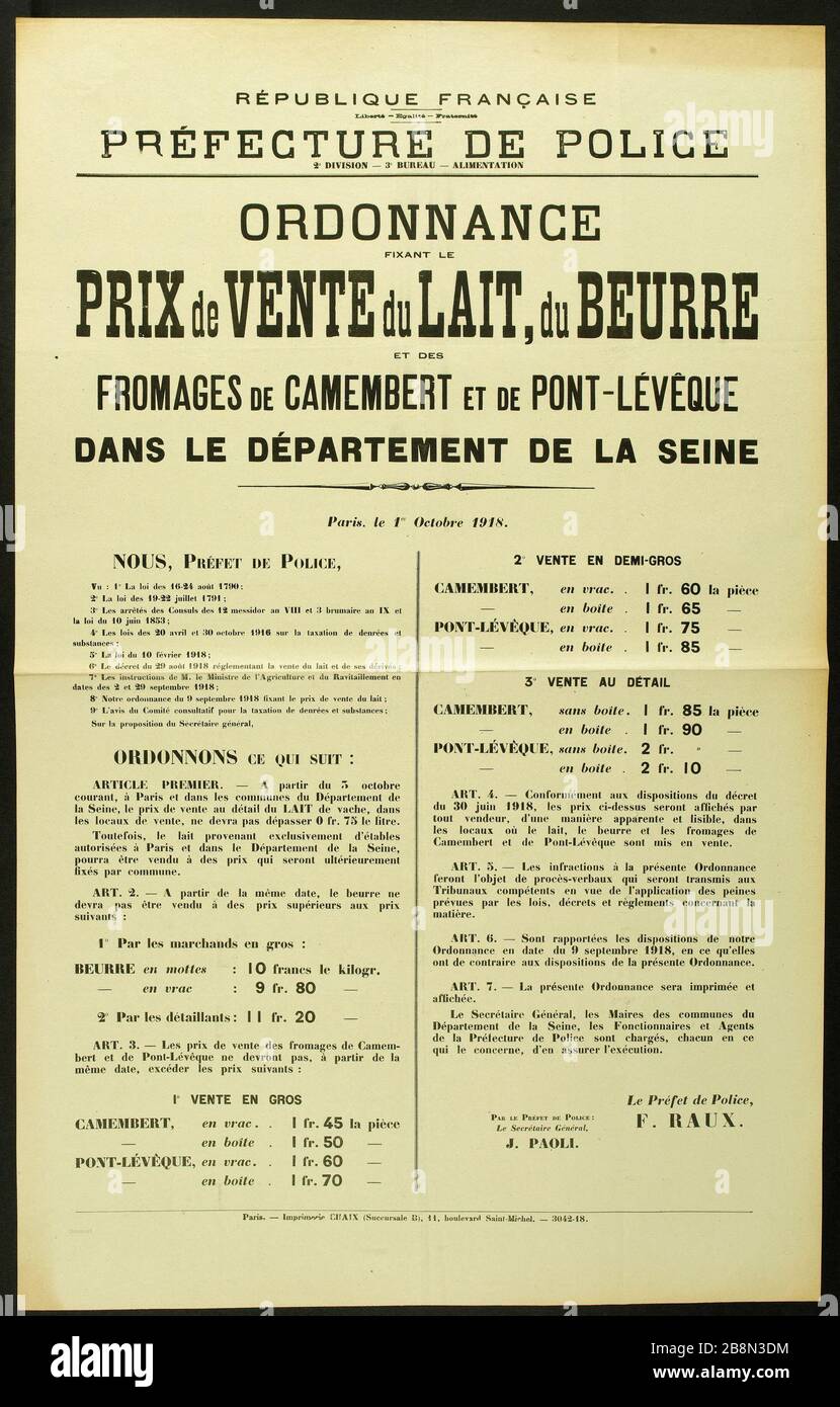 French Republic Freedom Egalite Brotherhood Prefecture Police Division 2nd 3rd Office Food Ordinance Fixing The Price