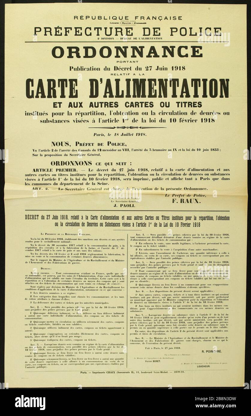 FRENCH REPUBLIC, Freedom - Egalité- Brotherhood prefecture POLICE DIVISION  2 - OFFICE SUPPLY, ORDER publication of the Decree of 27 June 1918 ON THE  CARD POWER AND OTHER SECURITIES OR CARDS Imprimerie