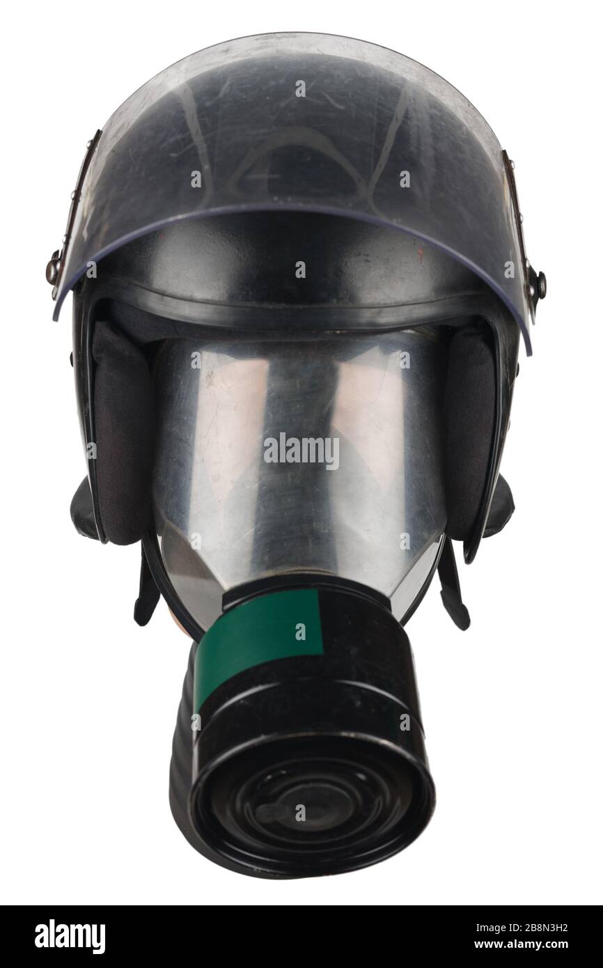 riot police helmet with protective glass and gas mask on manikin head