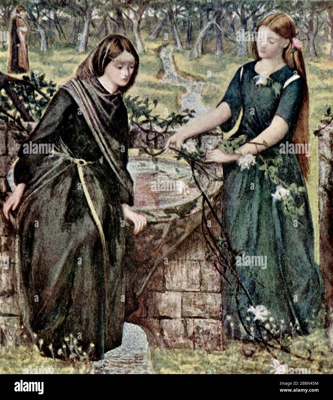 Dante's Vision of Rachel and Leah, 1855. By Dante Gabriel Rossetti (1828-1882). An illustration to Purgatorio, Canto XXVIII (28). Purgatio is the second part of Dante Alighieri's 14th century poem the Divine Comedy. Stock Photo