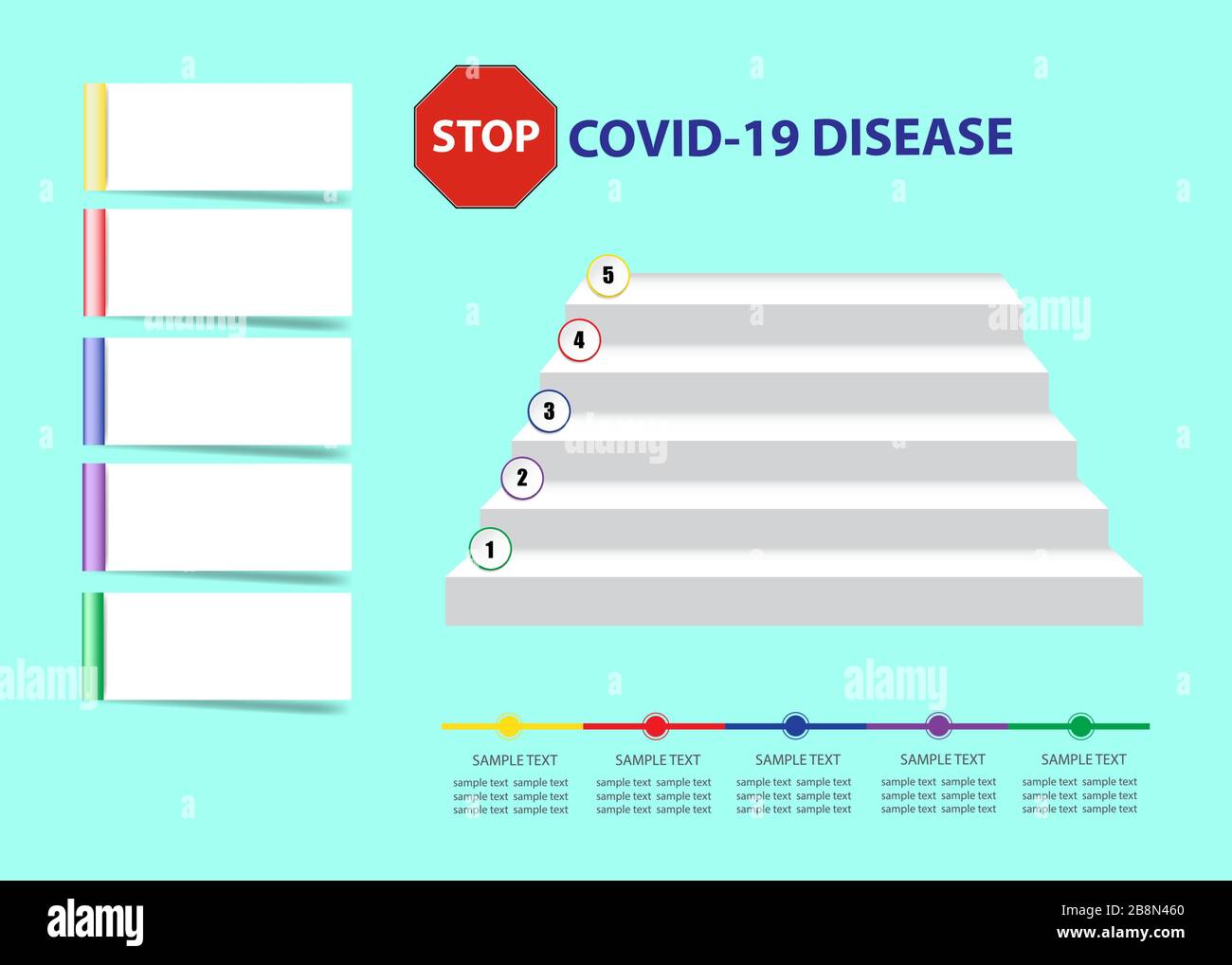 Medical infographic of five step stairways leading to STOP COVID-19 ...