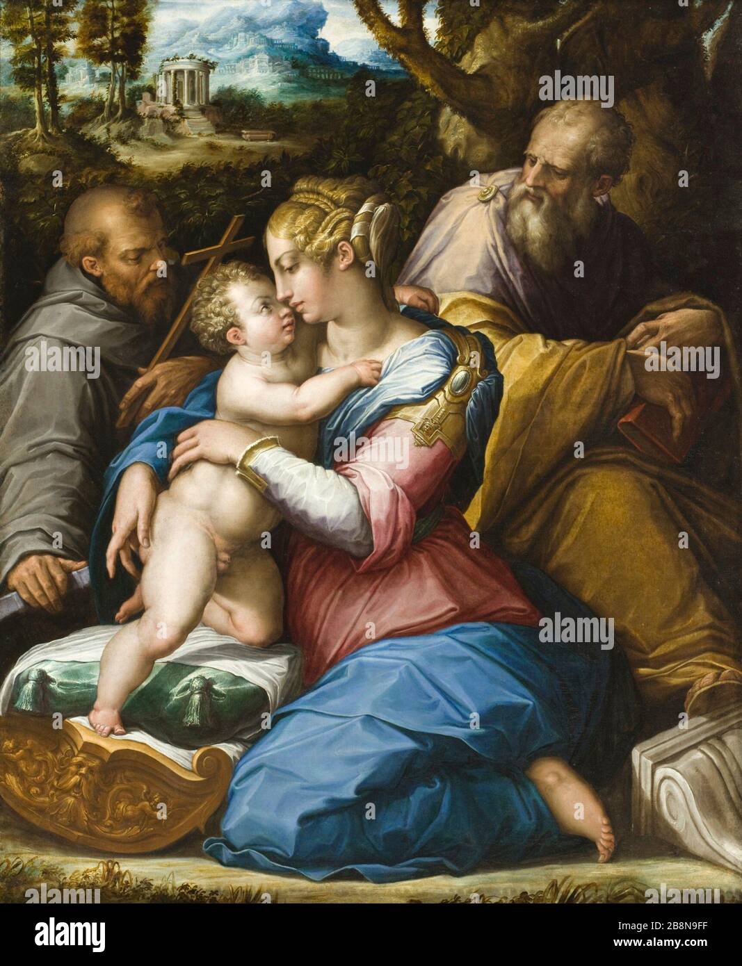 'Holy Family with Saint Francis in a Landscape; English:  Italy, 1542 Oil on canvas Gift of The Ahmanson Foundation (M.87.87) European Painting Currently on public view: Ahmanson Building, floor 3; 1542date QS:P571,+1542-00-00T00:00:00Z/9; ' Stock Photo