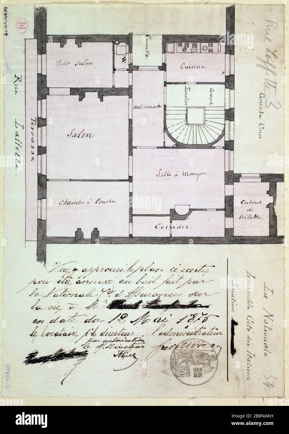 Plan an apartment located rue Laffitte, city of the Italians in 1875. Anonyme. Plan d'un appartement situé rue Laffitte, cité des Italiens. Paris (IXème arr.), 1875. Plume, lavis d'encre de chine et rose sur soie. Paris, musée Carnavalet. Stock Photo