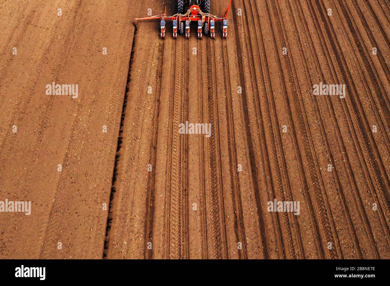 Drone photography of tractor with seeder working in field, agricultural machinery is planting seed into freshly plowed land Stock Photo