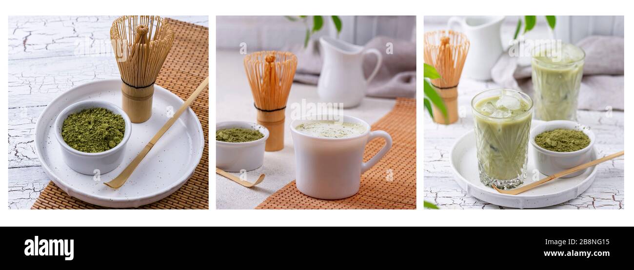 Matcha powder, latte with milk and cold drink Stock Photo Alamy