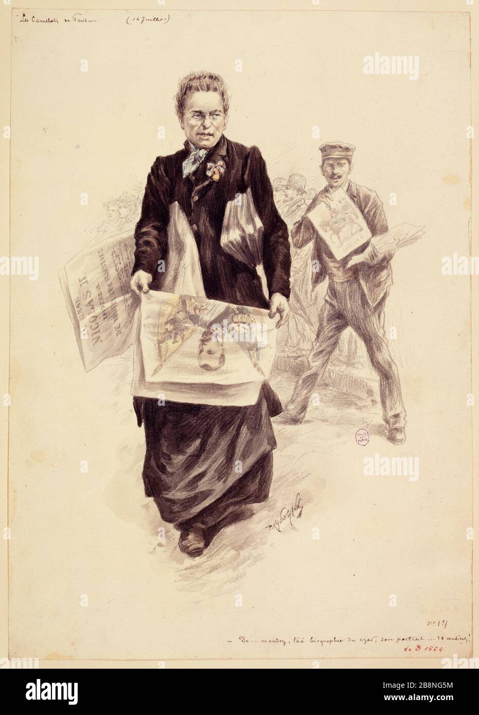 Hawkers selling portraits and cupboards Franco-Russian Paul Adolphe Kauffmann (1849-1940). Camelots vendant des portraits et placards franco-russes. Crayon rehaussé, lavis. Paris, musée Carnavalet. Stock Photo