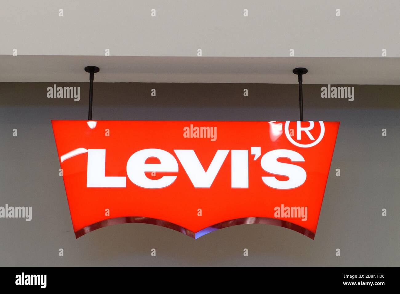 RIGA, LATVIA. 4th April 2019. Levi's brand logo on shop. Levi Strauss & Co is an American clothing company known worldwide for its Levi's brand of den Stock Photo