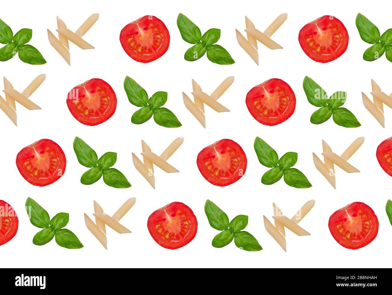 Pattern with cherry tomatoes, basil and pasta Stock Photo