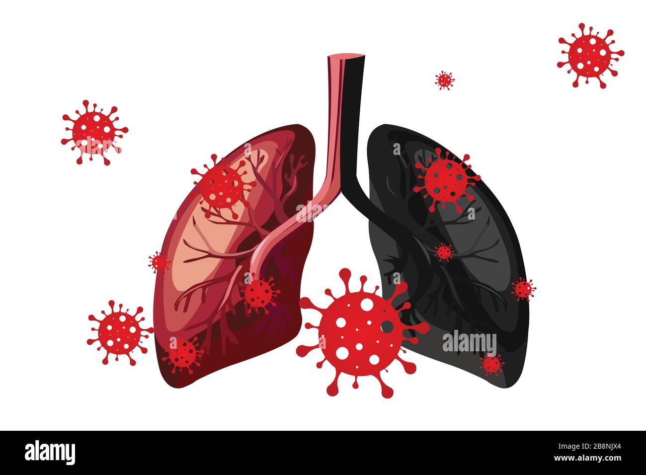 Coronavirus cell in human lungs on white backgrounds Stock Vector