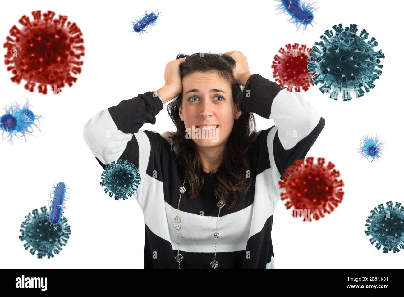 Feared girl attacked by viruses and bacteria. Concept of illness Stock Photo