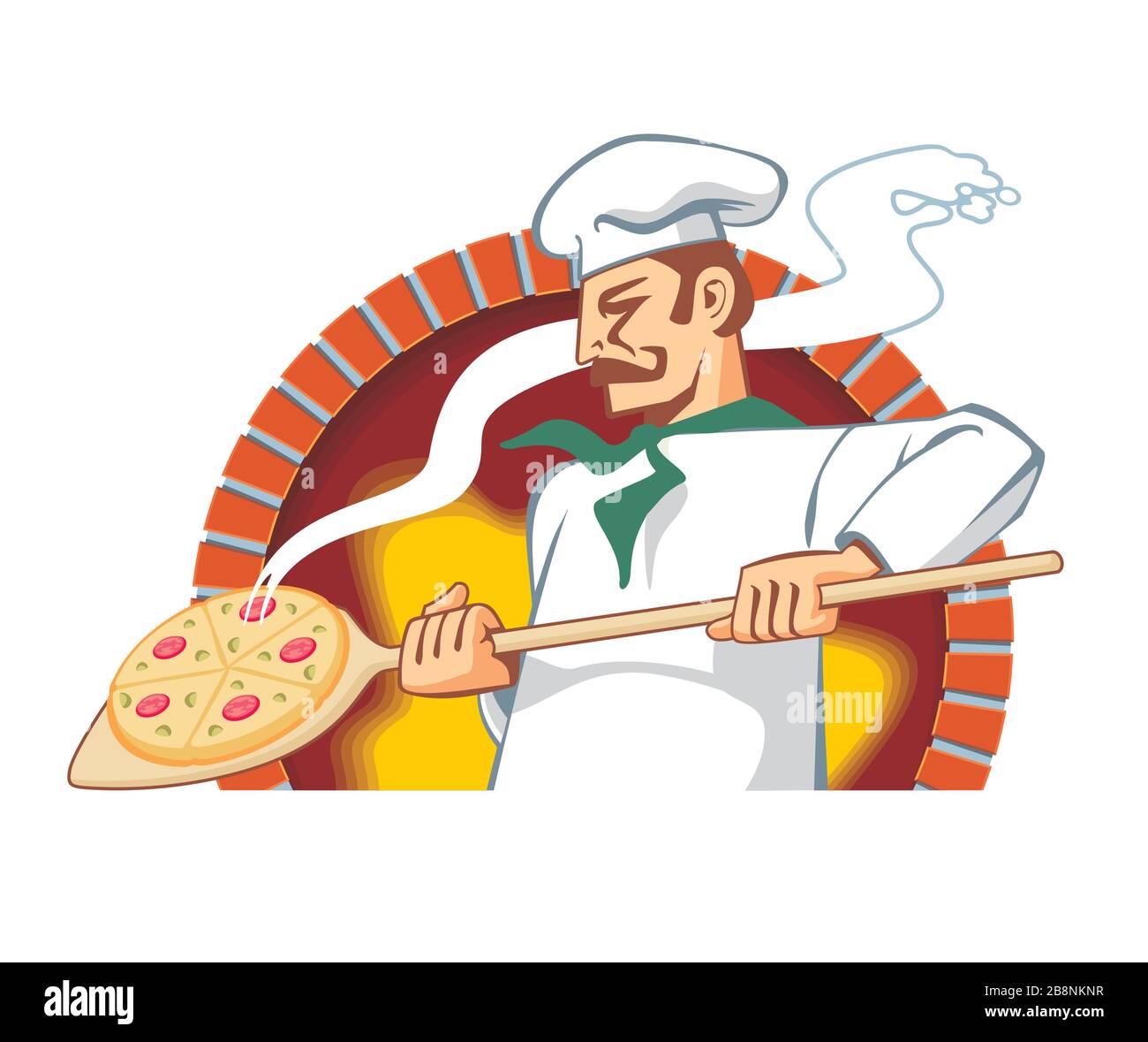 Pizzaiolo at work, pulls out the finished pizza from the stone oven with fire, stylizes vector icon illustration Stock Vector