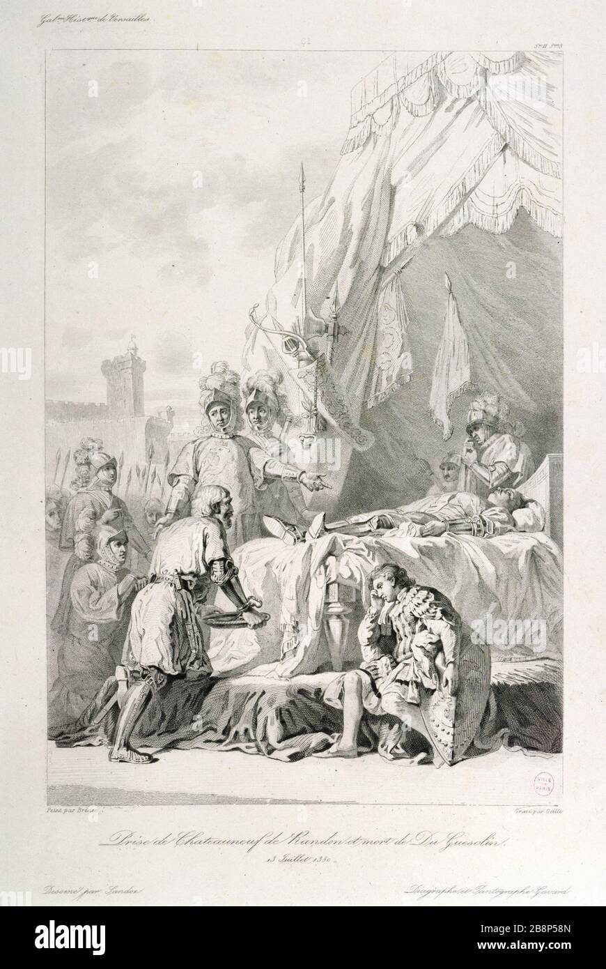 TAKING Chateauneuf-de-Randon AND DEATH OF GUESCLIN (EN 1380) Geille/Sandoz. 'Prise de Châteauneuf de Randon et mort de Du Guesclin (en 1380)'. Estampe. Paris, musée Carnavalet. Stock Photo