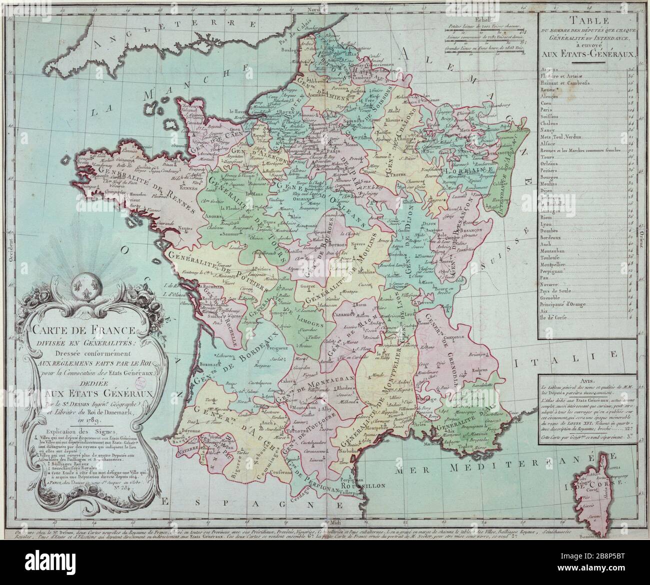 MAP OF FRANCE DIVIDED IN GENERAL, DDRESS ACCORDANCE WITH REGULATION MADE BY THE KING FOR THE CONVENTION STATES GENERAL Desnos. 'Carte de France divisée en Généralités, dressée conformément aux Règlement faits par le Roi pour la Convocation des Etats Généraux, 1789'. Paris, musée Carnavalet. Stock Photo